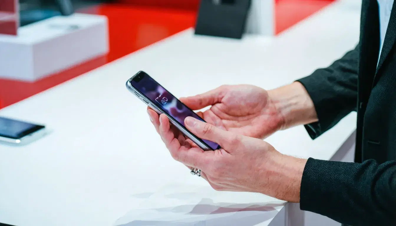 Kunde hält ein Smartphone in den Händen an der Verkaufstheke im Geschäft