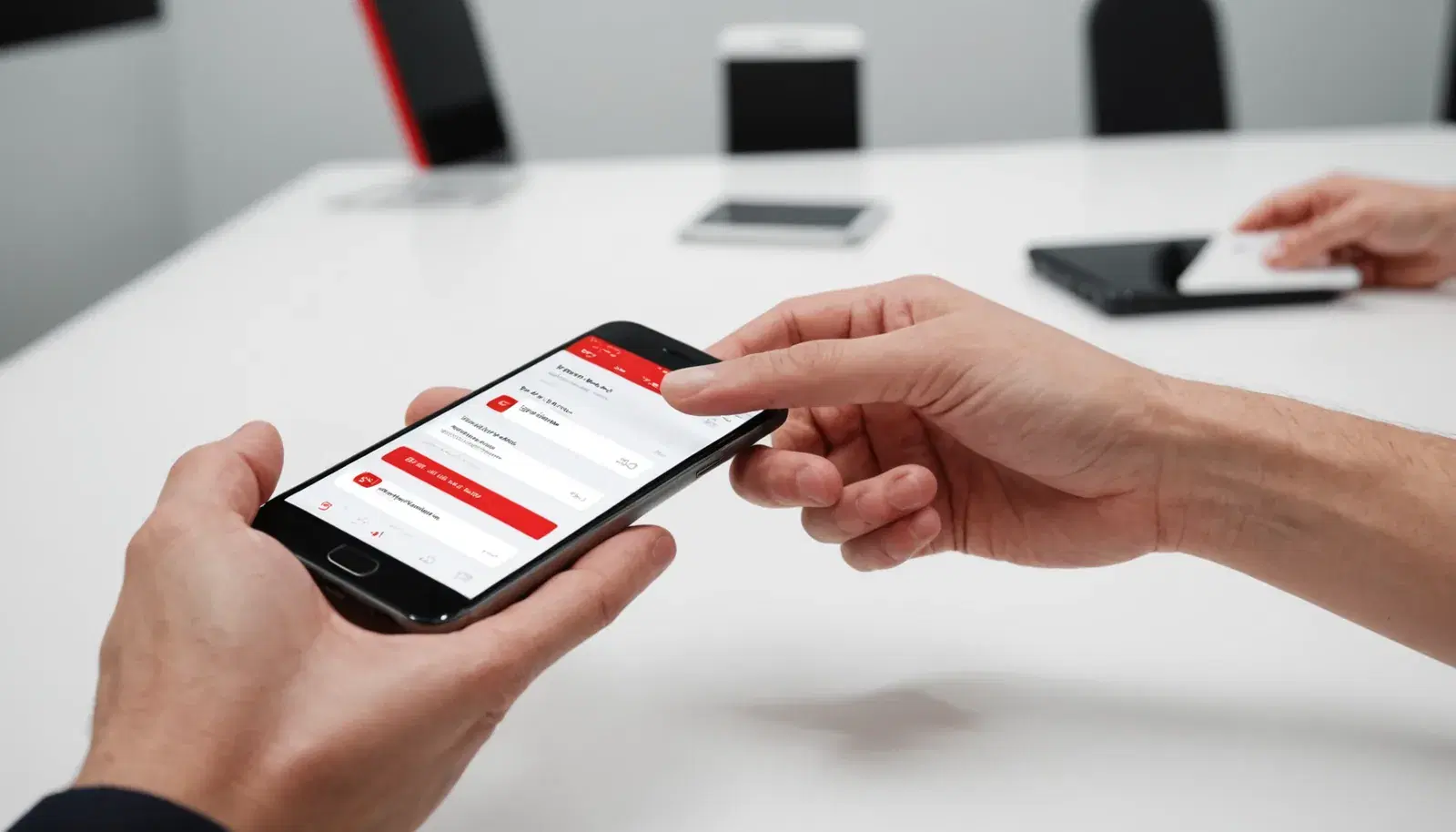 Übergabe eines Smartphones zwischen zwei Personen an einem Tisch mit weiteren Altgeräten